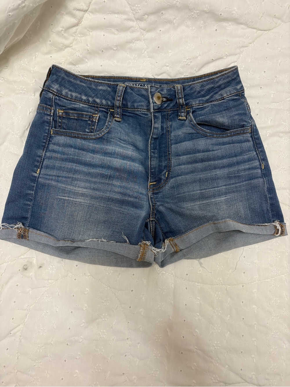 American Eagle Outfitters Distressed Blue Denim Roll-Cuff Shorts